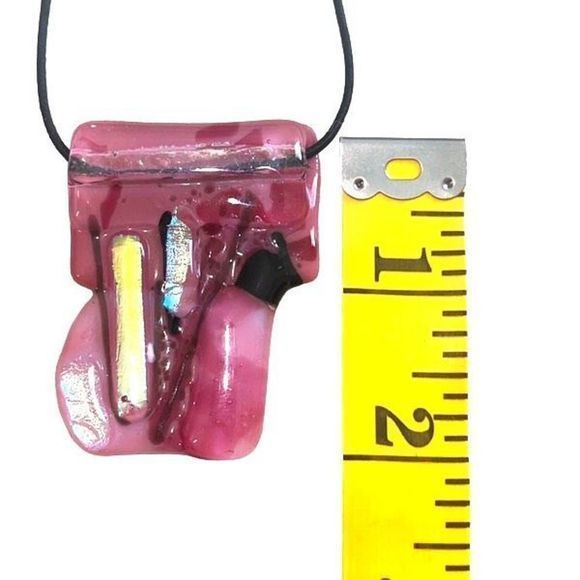 NEW Artist Made Pink Mixed Media Fused Glass Statement Necklace on Stretch Cord - Picture 6 of 8